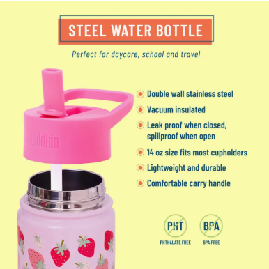 14 oz Steel Water Bottle Strawberry Patch