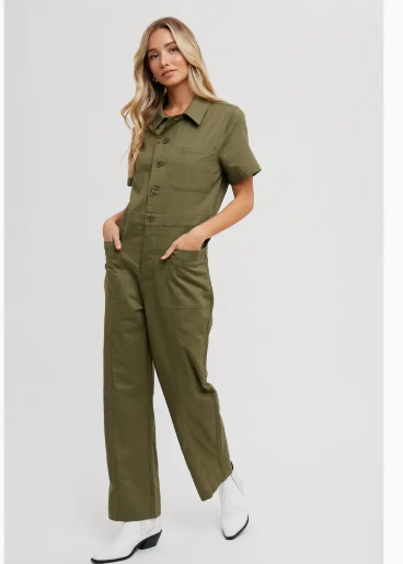 Button Down Short Sleeved Jumpsuit