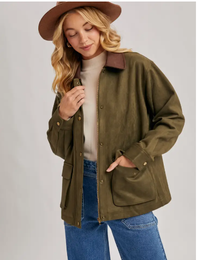 Button Down Faux Suede Barbour Jacket