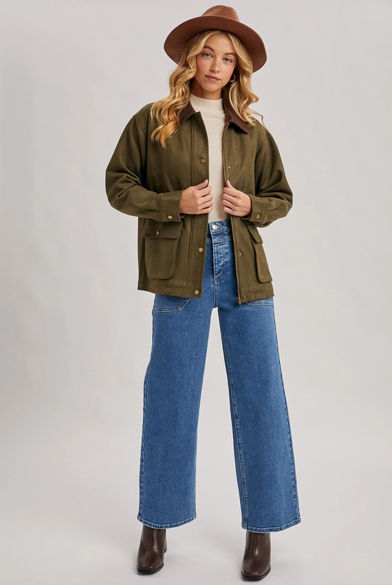 Button Down Faux Suede Barbour Jacket