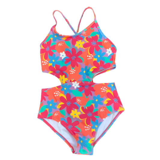 Youth Ribbed Neon Floral One-Piece Swimsuit