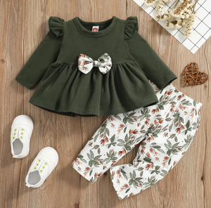 2pc Infant Dark Green Long Sleeve & Floral Leggings