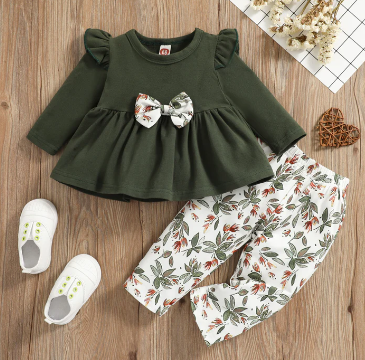 2pc Infant Dark Green Long Sleeve & Floral Leggings