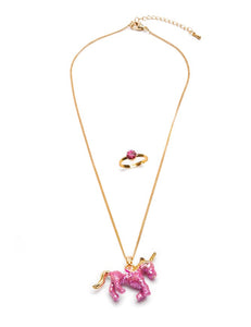Glitter Pink Unicorn Necklace & Ring Set