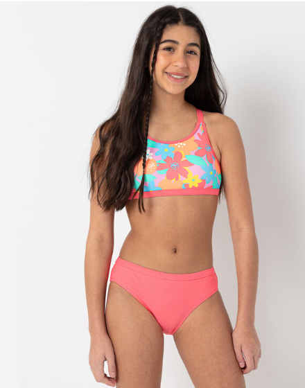 Youth Neon Floral Ribbed Two Piece Swimsuit