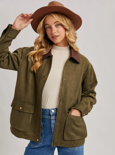 Button Down Faux Suede Barbour Jacket