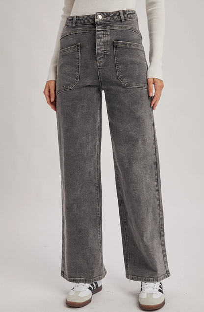 High-Rise Seamed Pocket Straight Leg Jeans