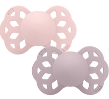 Load image into Gallery viewer, BIBS Infinity Silicone 2pk Symmetrical- Blossom/ Dusty Lilac
