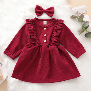 Corduroy Ruffle Dress w/ Bow