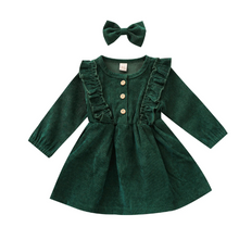 Load image into Gallery viewer, Corduroy Ruffle Dress w/ Bow
