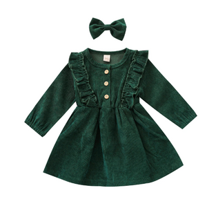 Corduroy Ruffle Dress w/ Bow