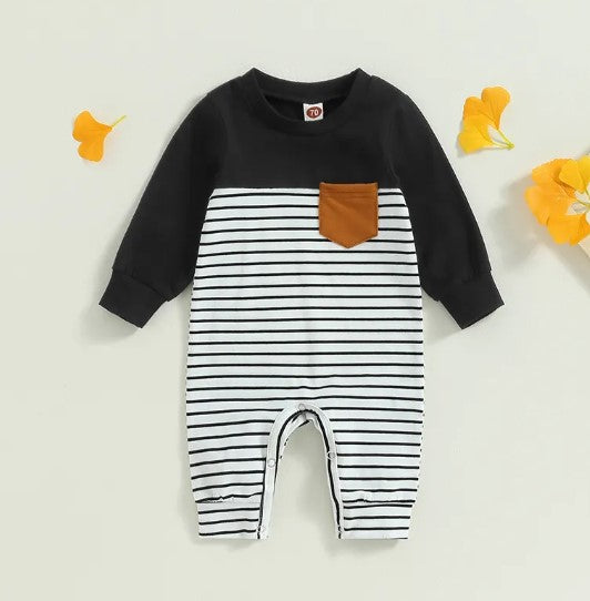 Infant Stripe Romper w/ Patchwork Pocket