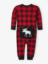 Load image into Gallery viewer, Moose On Plaid Baby Union Suit
