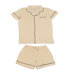 Women's Bamboo Short Sleeve Collared PJ Set W/ Shorts- Soft Sand